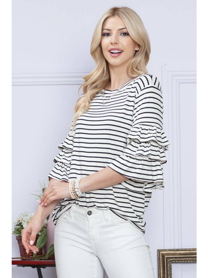 WHITE BLACK RUFFLE HALF SLEEVE STRIPE TOP for wholesale on Faire