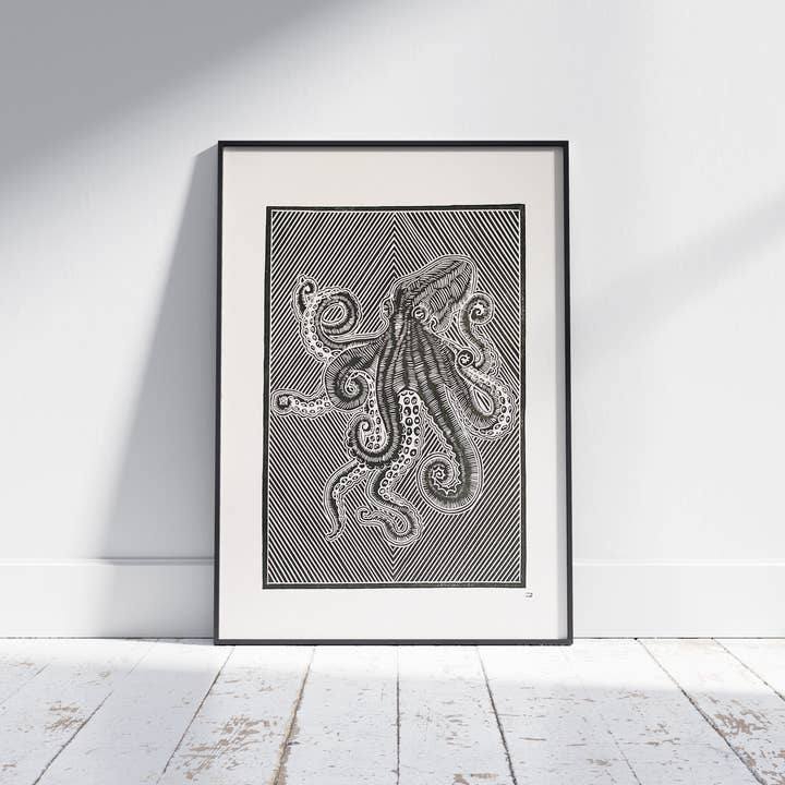 Octopus - Black - A3 Linoprint for wholesale by GDSM.Prints