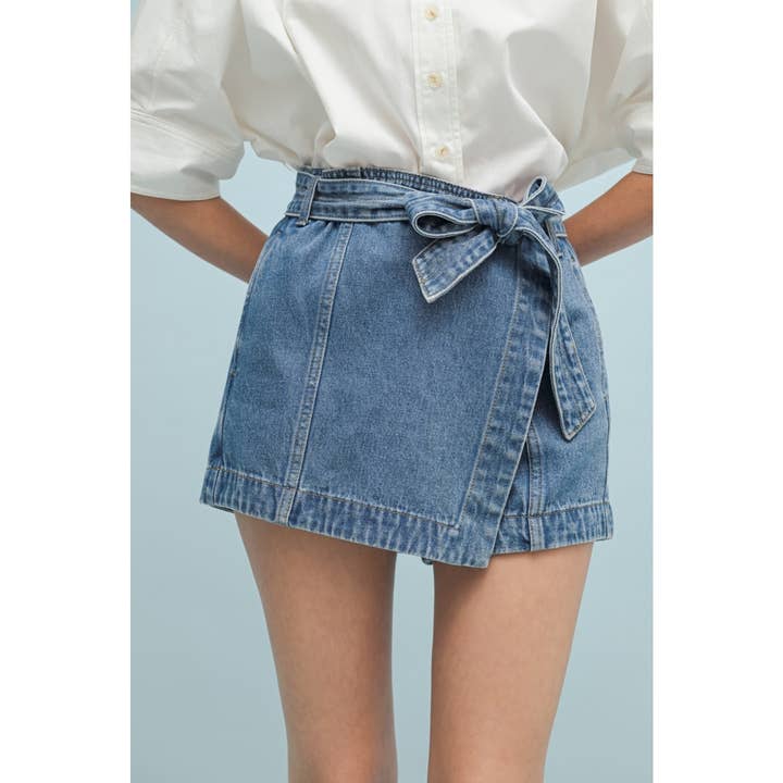 BELTED DENIM WRAP SKORT / WL24-9947 for wholesale on Faire