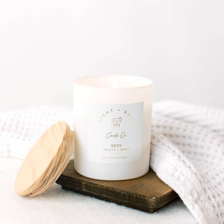 Sexy 10oz Candle | White Glass Jar Soy Candle for wholesale by Light + Bark Candle Co.