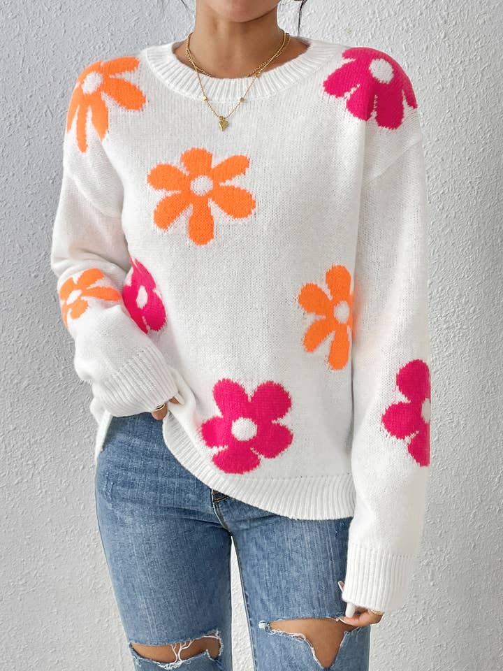 Rosa Clothing - Wholesale Knit Sweater - Women's - Contrast Intarsia Floral Jacquard Knit Jumper 9 Colors