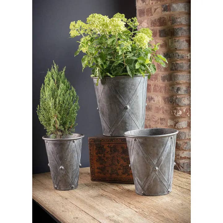 Set Of 3 Antiqued Round Drum Planters for wholesale by Vagabond Vintage