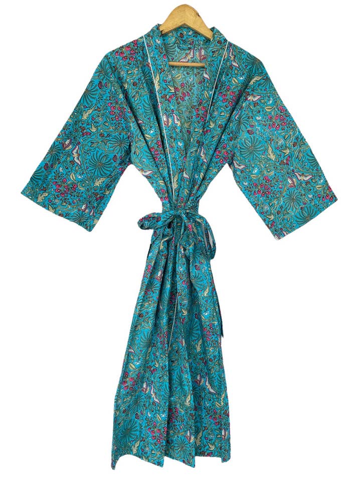 The Eastern Loom - Wholesale Kimono - Women's - Boho House Robe Summer Kimono Pure Cotton Aqua Hue Butterfly