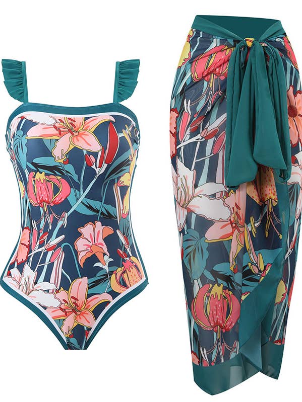 Ruffle Shoulder One Piece Baddräkt Med Sarong Wrap Up för wholesale av Sweetkama