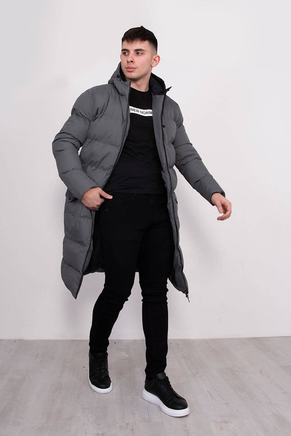 J5FASHION - Wholesale Puffer Jacket - Men's - PADDED HOOD LONGLINE PARKA0