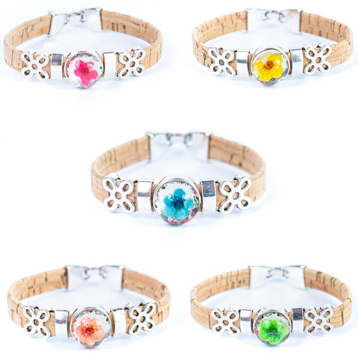 10mm flat cork wire and natural cork dried flower patch handmade ladies fashion bracelet BR-235-5 (random) for wholesale by Meninas Bonitas Cork