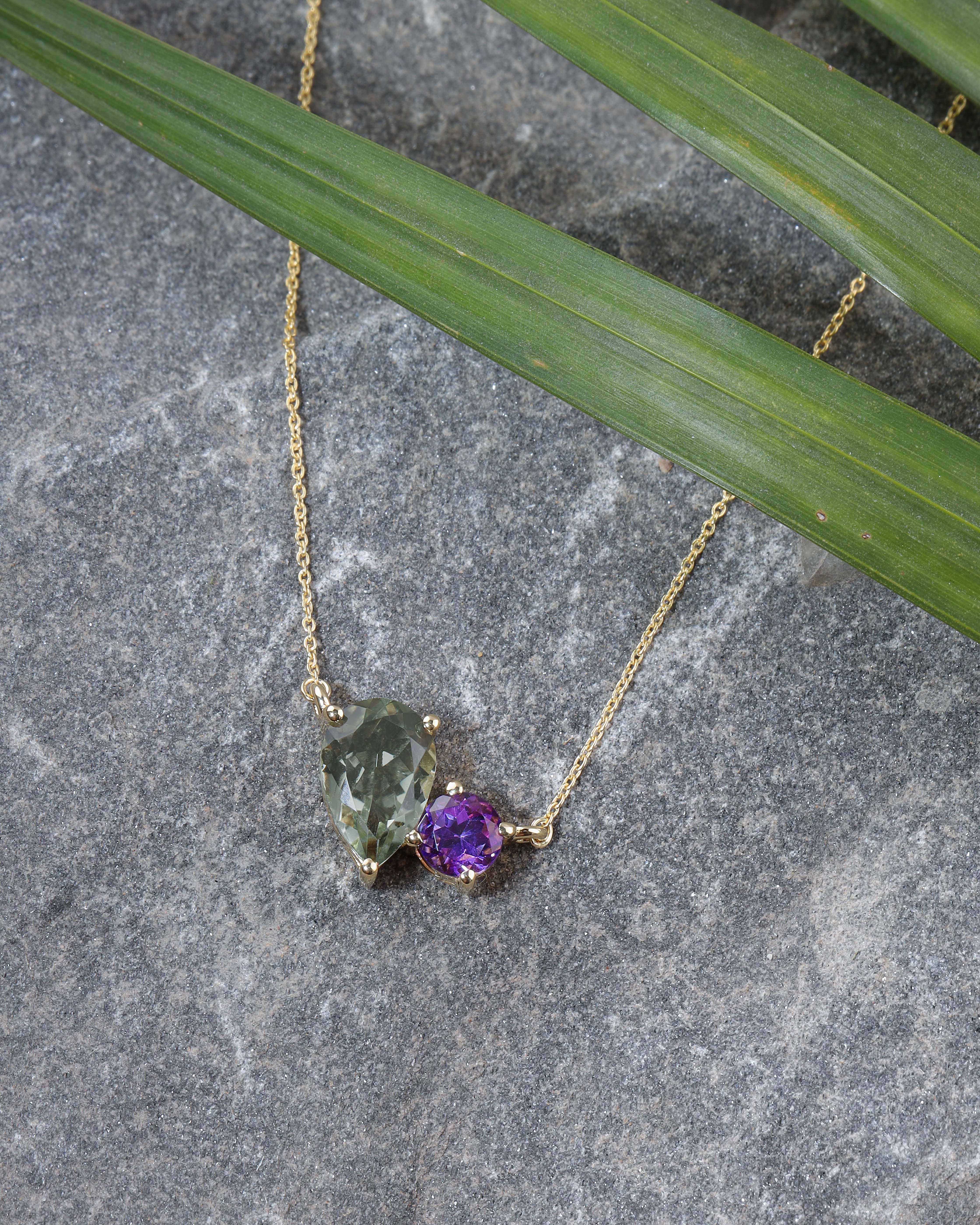 Tiramisu - Vente Collier maille et chaîne - Collier en argent plaqué or 14K avec pierres précieuses d'améthyste verte3