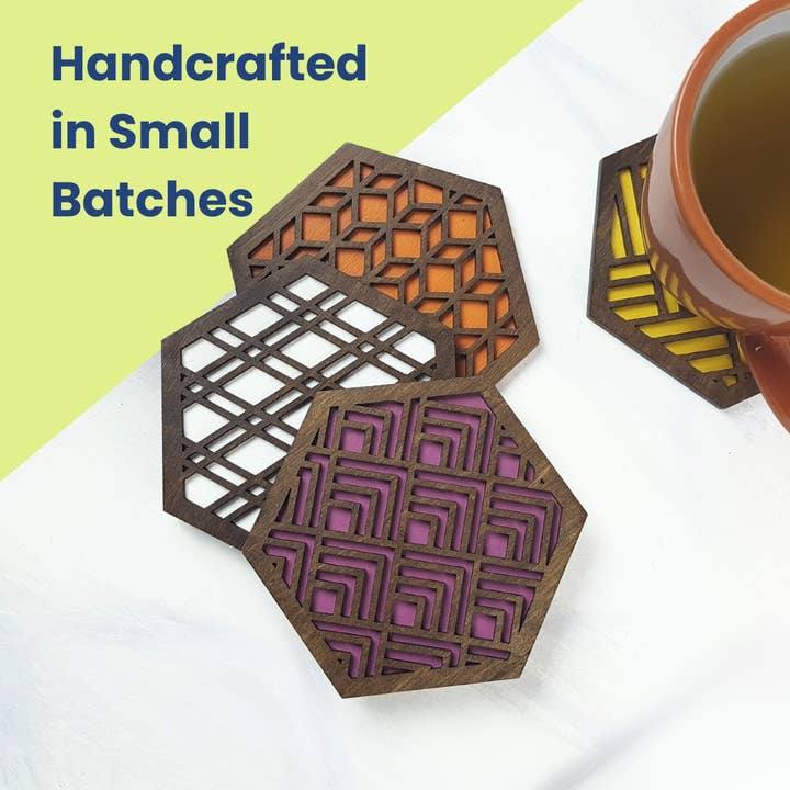 Vibrant Geometric Coasters | Set of 4 | Walnut Stain Warm for wholesale by Wood Chip Decor