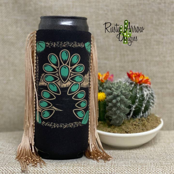Slim Turquoise Squash Fringe Koozie for wholesale by RAD Wholesale