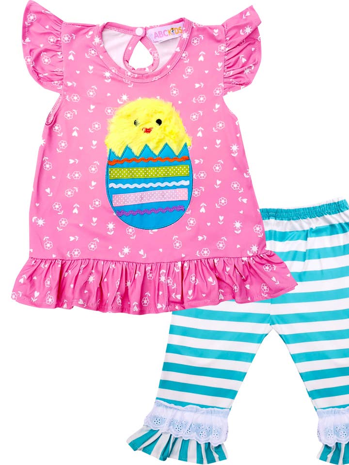 Amor Babee – Großhandel Top- & Hosen-Set – Kinder – Set mit Rüschenoberteil und Capri-Outfit für Mädchen mit Ostermotiv0