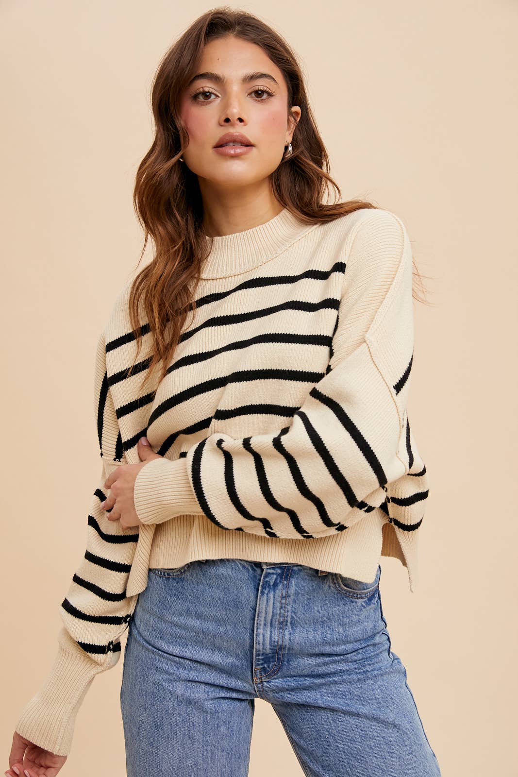 In Loom - Vente Pull en maille – femme - Pull rayé court à col montant2