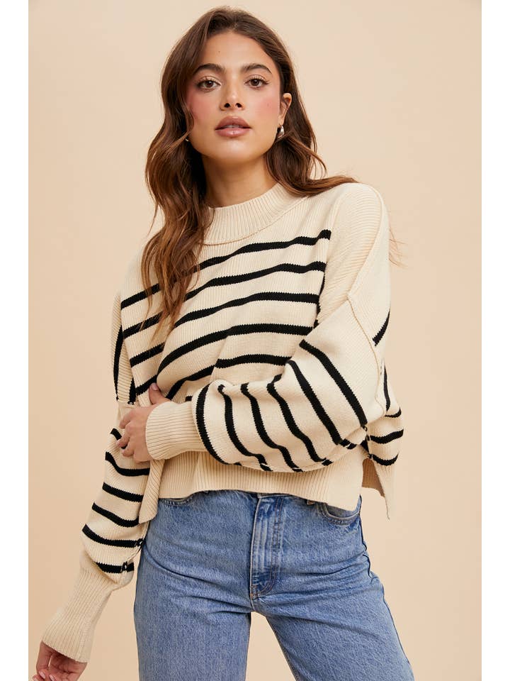 In Loom - Vente Pull en maille – femme - Pull rayé court à col montant2