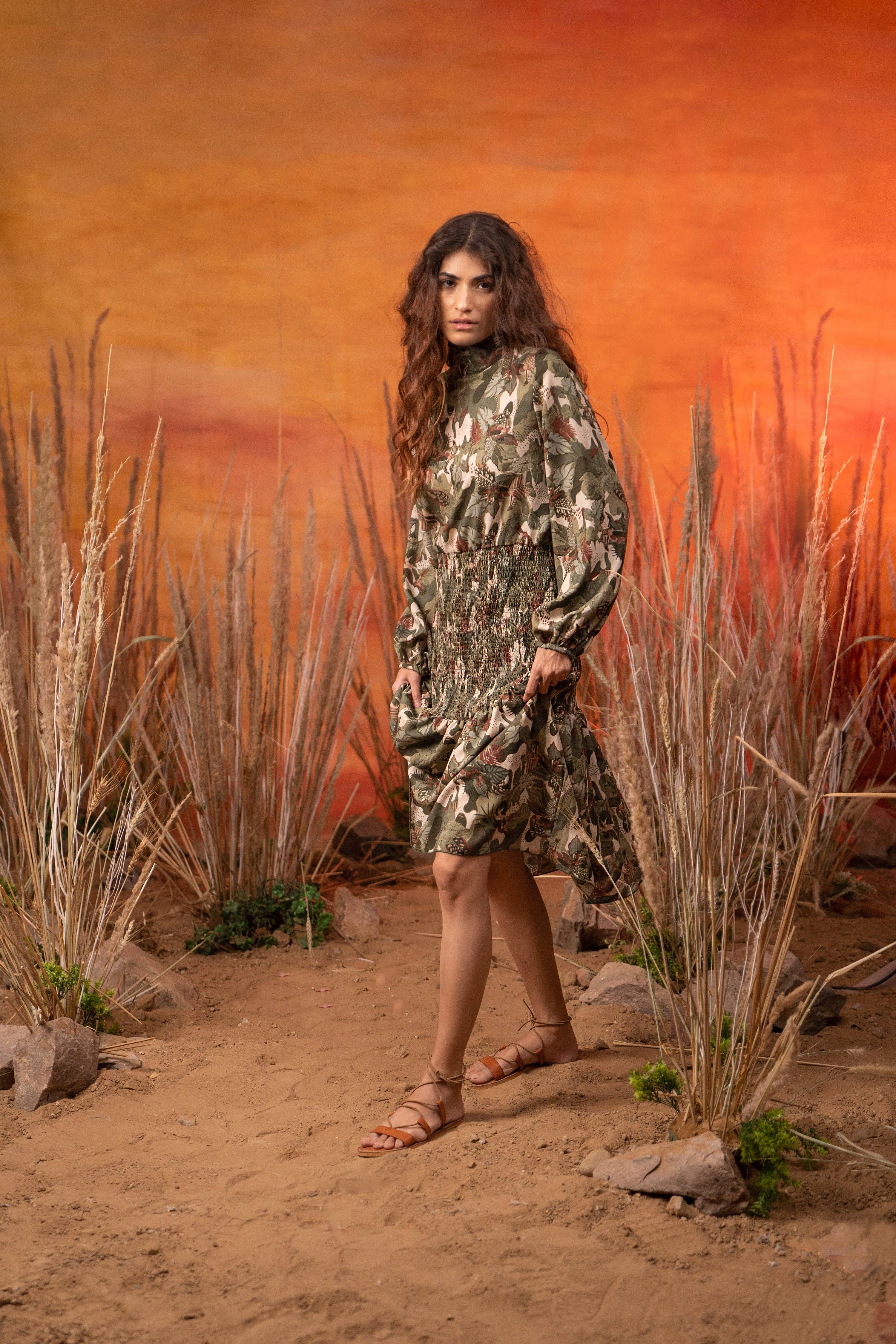 Label Reyya - Vendita all'ingrosso Vestito - Donna - Abito midi Afro Olive Jungle5