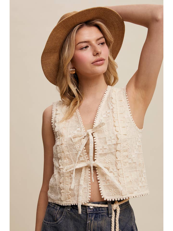 Listicle - Wholesale Outerwear Vest - Women’s - Embroidered Lace Tie-Front Vest LVT00925