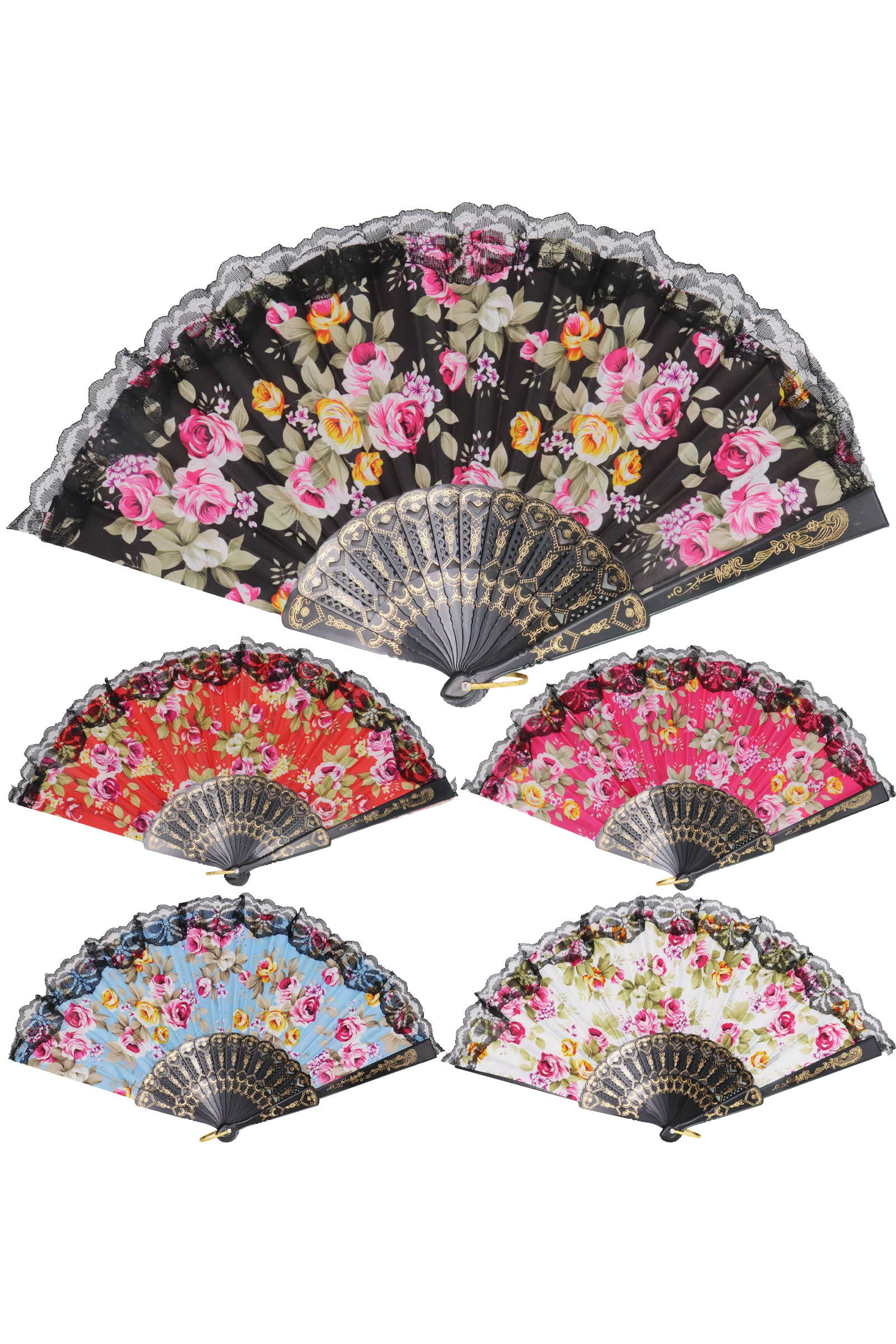 Assorted Rose Black Lace Trim Hand-held Folding Fan for wholesale on Faire