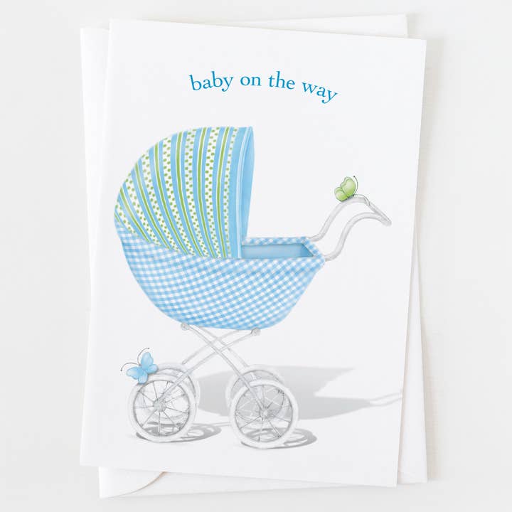 Blue Baby Stroller Greeting Card C_1409 for wholesale by Ann Scott Design