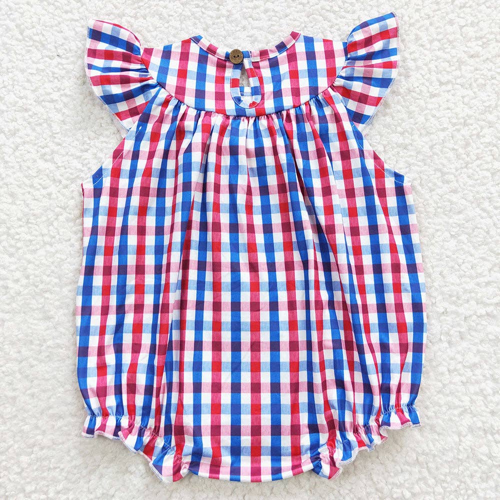 Aier Wholesale - Wholesale Bodysuit (Non-Footed) - Baby - Baby Girls 4th Of July American Flag Gingham Smocked Rompers1