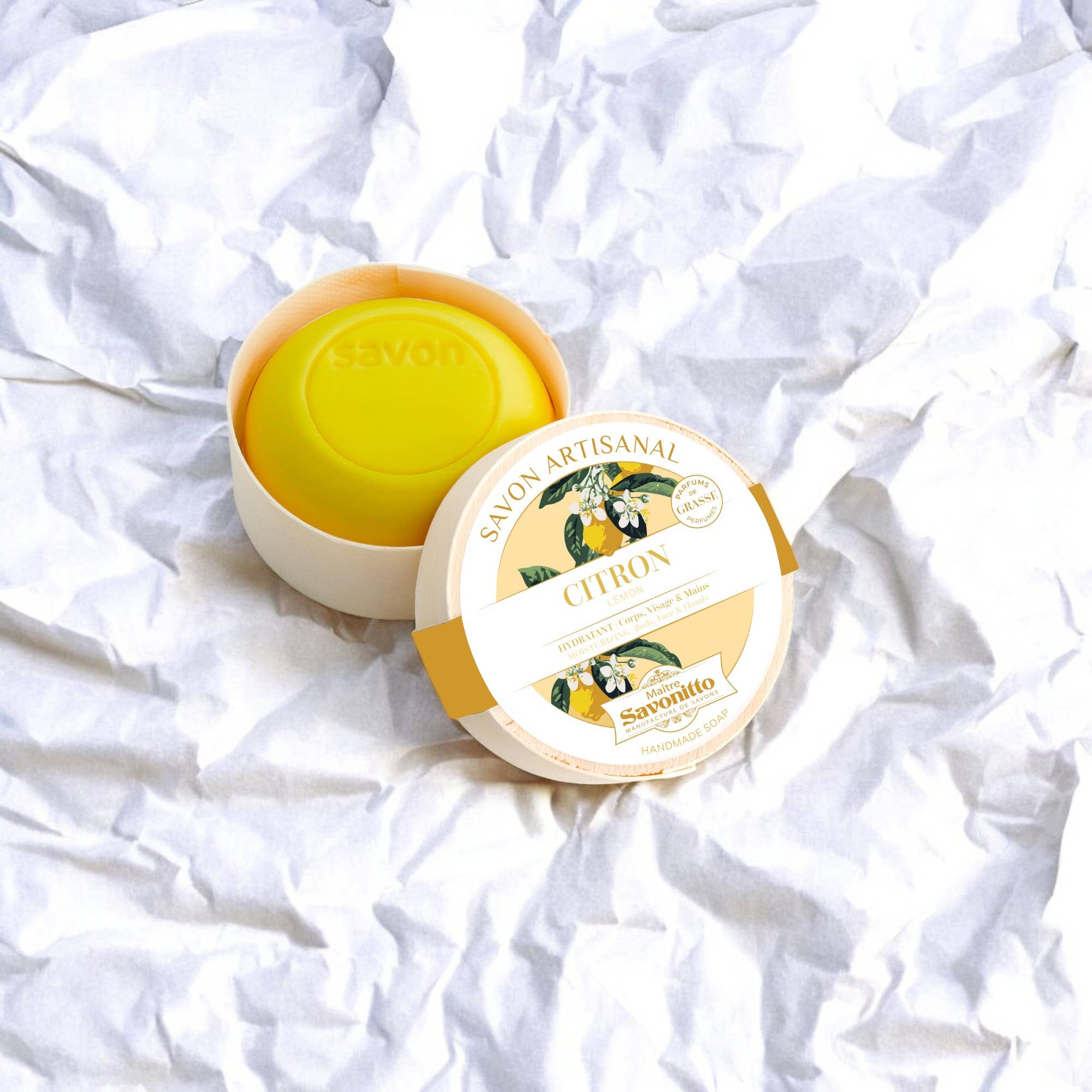 MAITRE SAVONITTO – Großhandel Feste Seife – Zitronenseife in Holzkiste 100g1