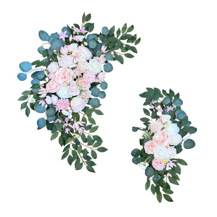 Sun Decorer – wholesale Konstgjorda blommor – Bröllopsbåge Blomstersväng Set – 2-delad konstgjord blomsterarrangemang med rosa & vita rosor, eukalyptus – Elegant evenemangsdekor