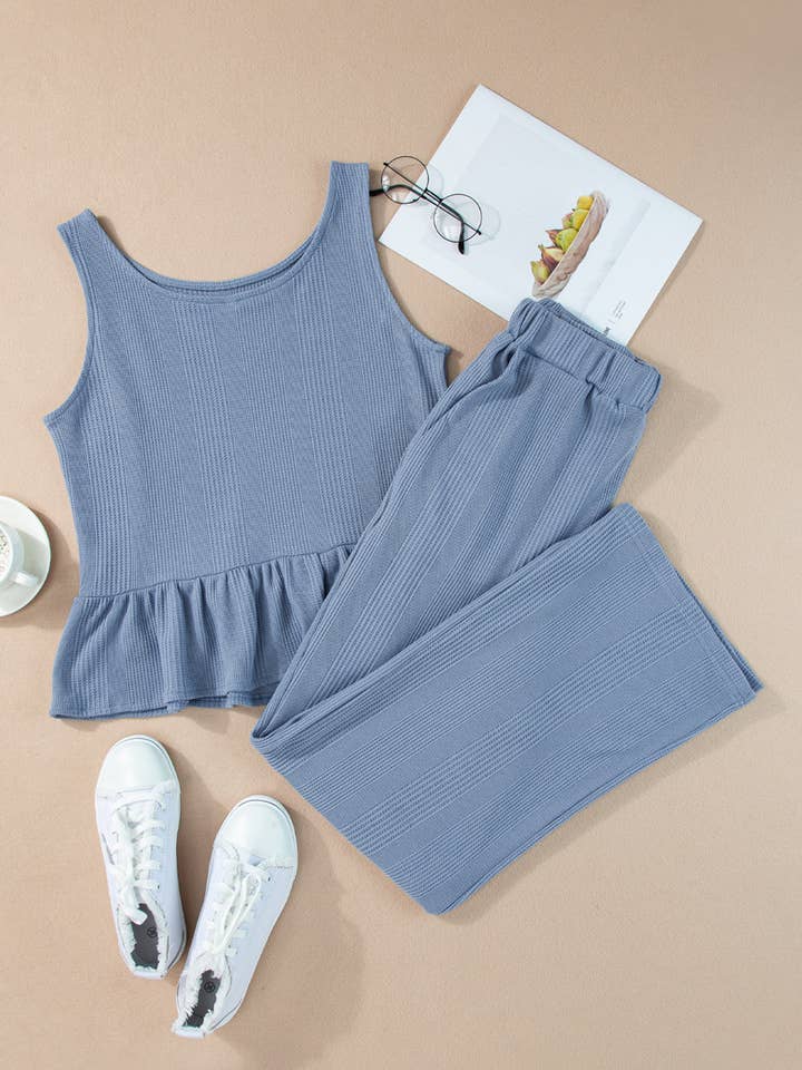 Beau Blue Solid Color Ribbed Ruffle Tank Top and Pants Set for wholesale on Faire6