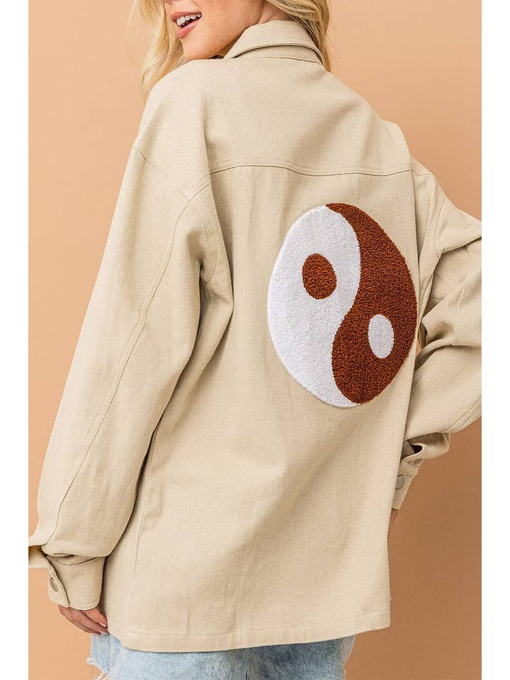 KHAKI TAI CHI EMBROIDERY BACK POCKET FRONT DENIM SHACKET for wholesale on Faire2