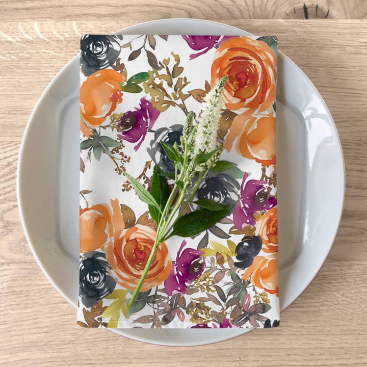 4-delt rust- og lilla efterårsblomsterkludservietter for engroshandel hos Prestige Plume