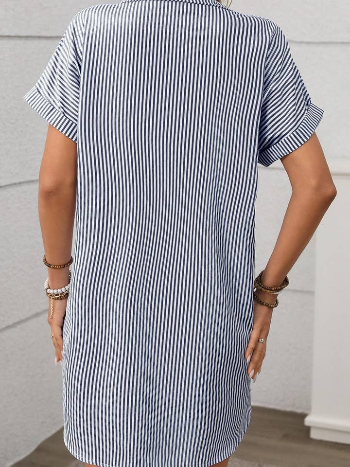 NINEXIS - Wholesale Dress - Women's - CWDSD7263_STRIPED COTTON AND LINEN MIDI SHIRT DRESS