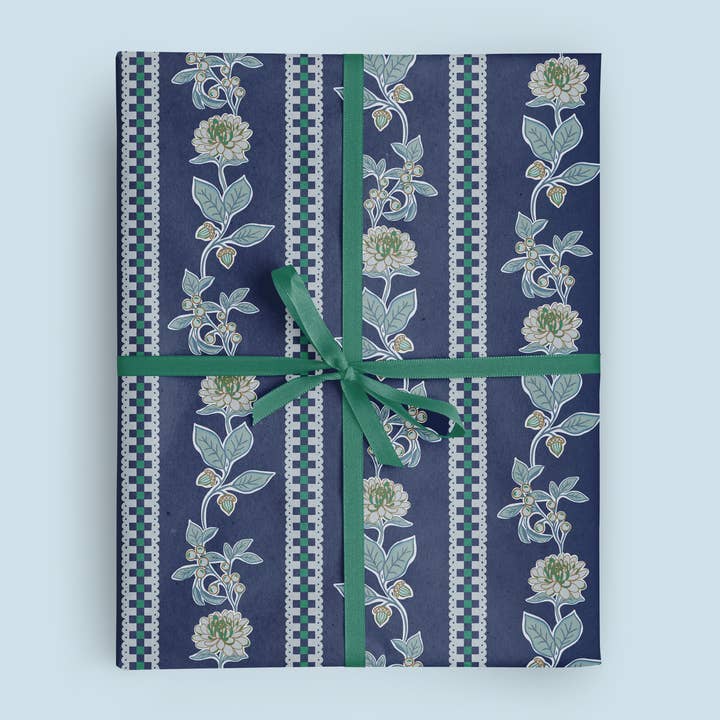 Vivie and Ash - Wholesale Wrapping paper roll - Dark Blue Vertical Floral Gingham Stripe Wrapping Paper 1