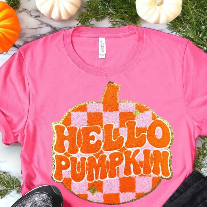 Hello Pumpkin - Iron On Patch - Halloween Pumpkin Chenille Patch Fall Patch- Pink Pumpkin, Cutest Pumpkin Patch, Gold Glitter 11” for wholesale by Social Grace & Company