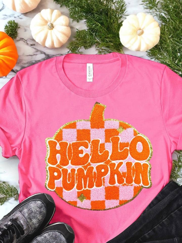 Parche termoadhesivo de Hello Pumpkin, parche de felpilla para Halloween, calabaza rosa, el huerto de calabazas más bonito, purpurina dorada de 11 pulgadas para venta al por mayor de Social Grace & Company