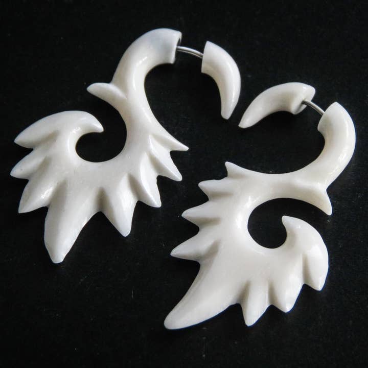 fake gauge white bison bone carving post earrings, 1 5/8" for wholesale by FifiRose