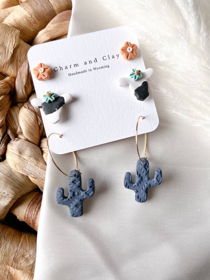 The Boho Cow floral - clay earring stud pack for wholesale by Charm and Clay