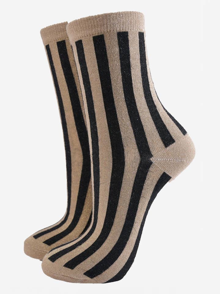 Women's Glitter Socks - Gold/Black, Vertical Stripe for wholesale by Sock Talk