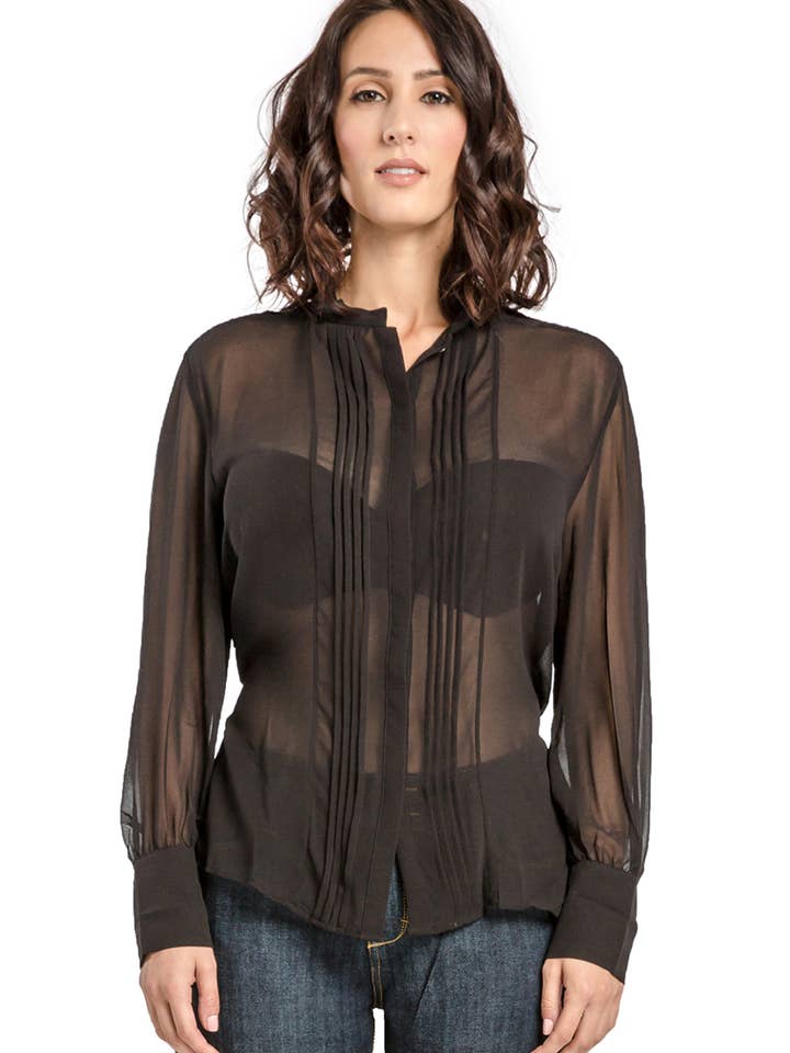 Women Chiffon Woven Button Up Blouses Pintucks Barrel Sleeve for wholesale by Miss Halladay