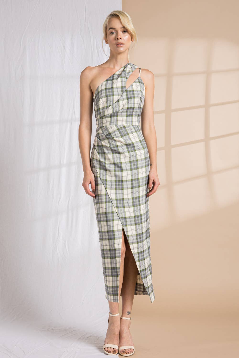 Crème/vert/violet Robe midi asymétrique à carreaux en vente sur Faire