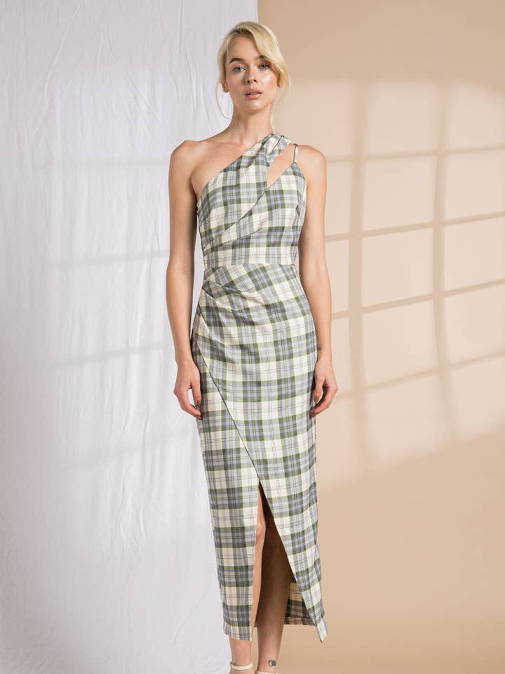 Crème/vert/violet Robe midi asymétrique à carreaux en vente sur Faire0