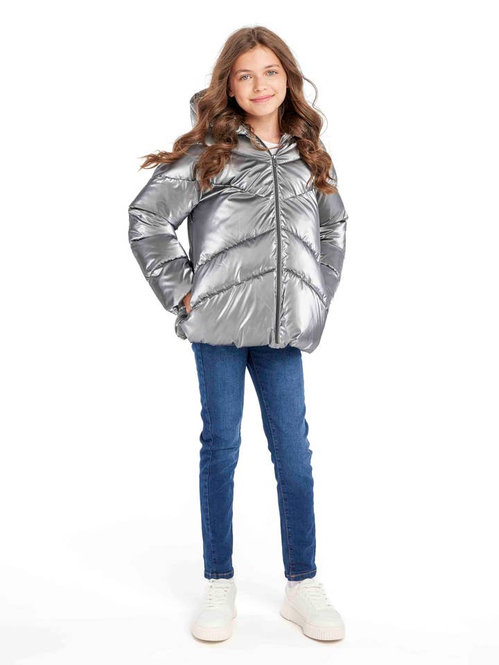 Pigernes metallic polstrede jakke med pelskrave grå 2-14 år for engroshandel hos Minoti sp. z o.o.