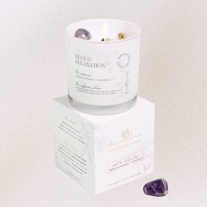 Rest & Relaxation Intention Candle - french lavender / chamomile flower for wholesale by Devine Flame