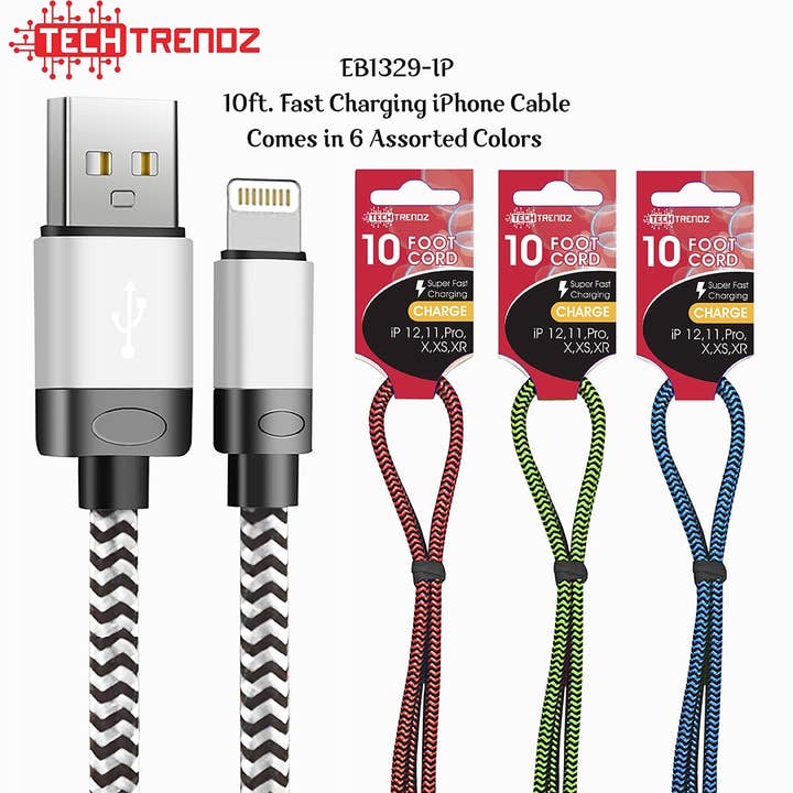 Tech Trendz - Wholesale Charging Cable - 6 Pack - 10ft Quick Charging Cables