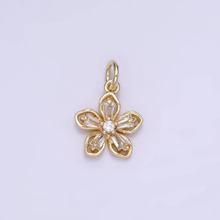 Aim Eternal – Pendente/pingente individual por atacado – Pingente Mini Flor de Pétala com Baguete de Zircônia Cúbica Transparente em Ouro 14K | AG727