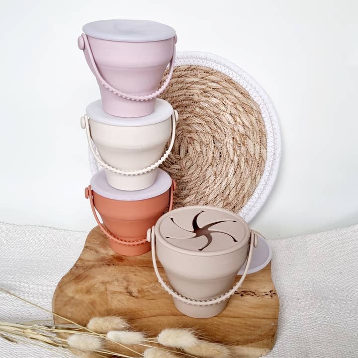 Rammelaartje - Vendita all'ingrosso Porta-snack - Bambini e neonati - Tazza snack pieghevole in silicone con coperchio - Grigio blu