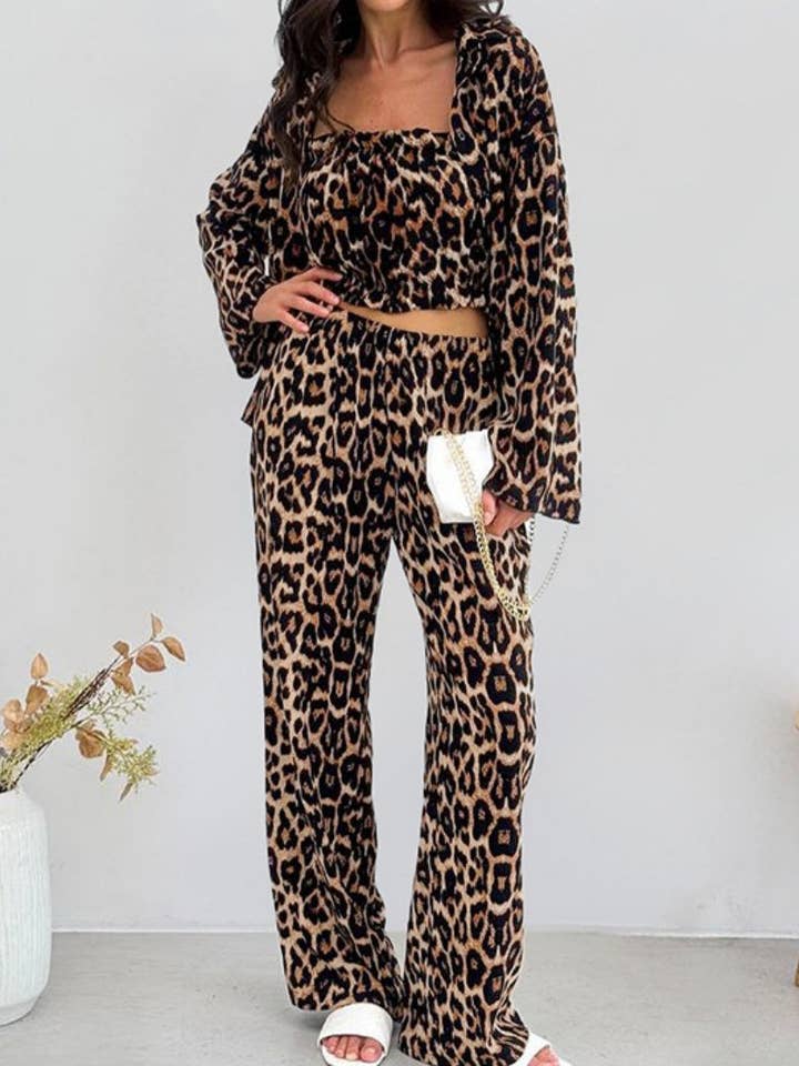 Leopard Print Square Neck Long Sleeve Crop Top and Pants Set for wholesale by THE WIZ