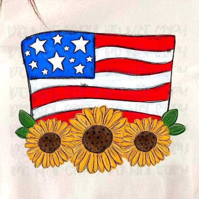Amerikanische Flagge mit Sonnenblumen DTF Transfer für den Großhandel von K and M Designs