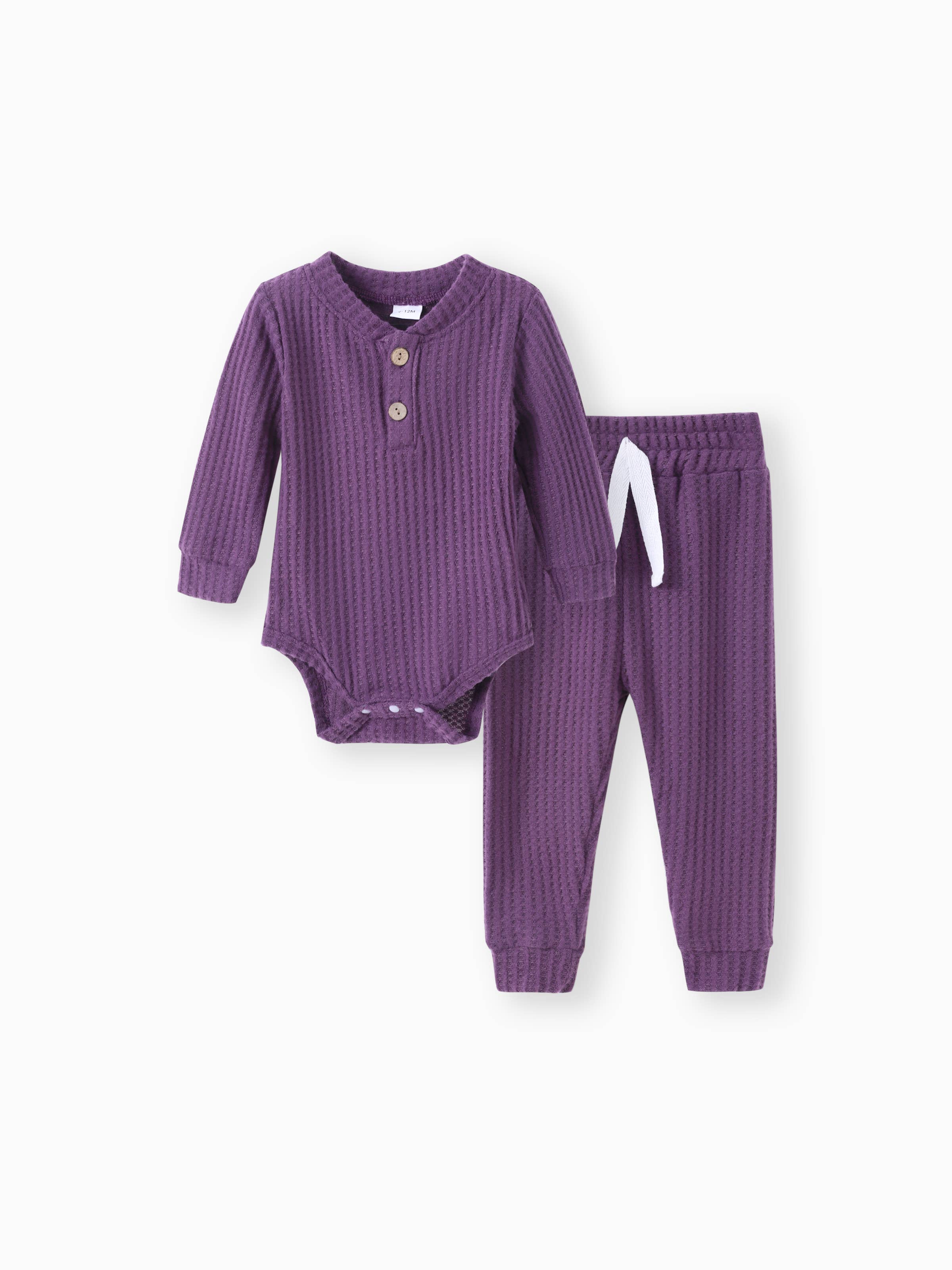 PatPat - Wholesale Clothing Set - Baby - 2pcs Solid Waffle Long-sleeve Baby Set14