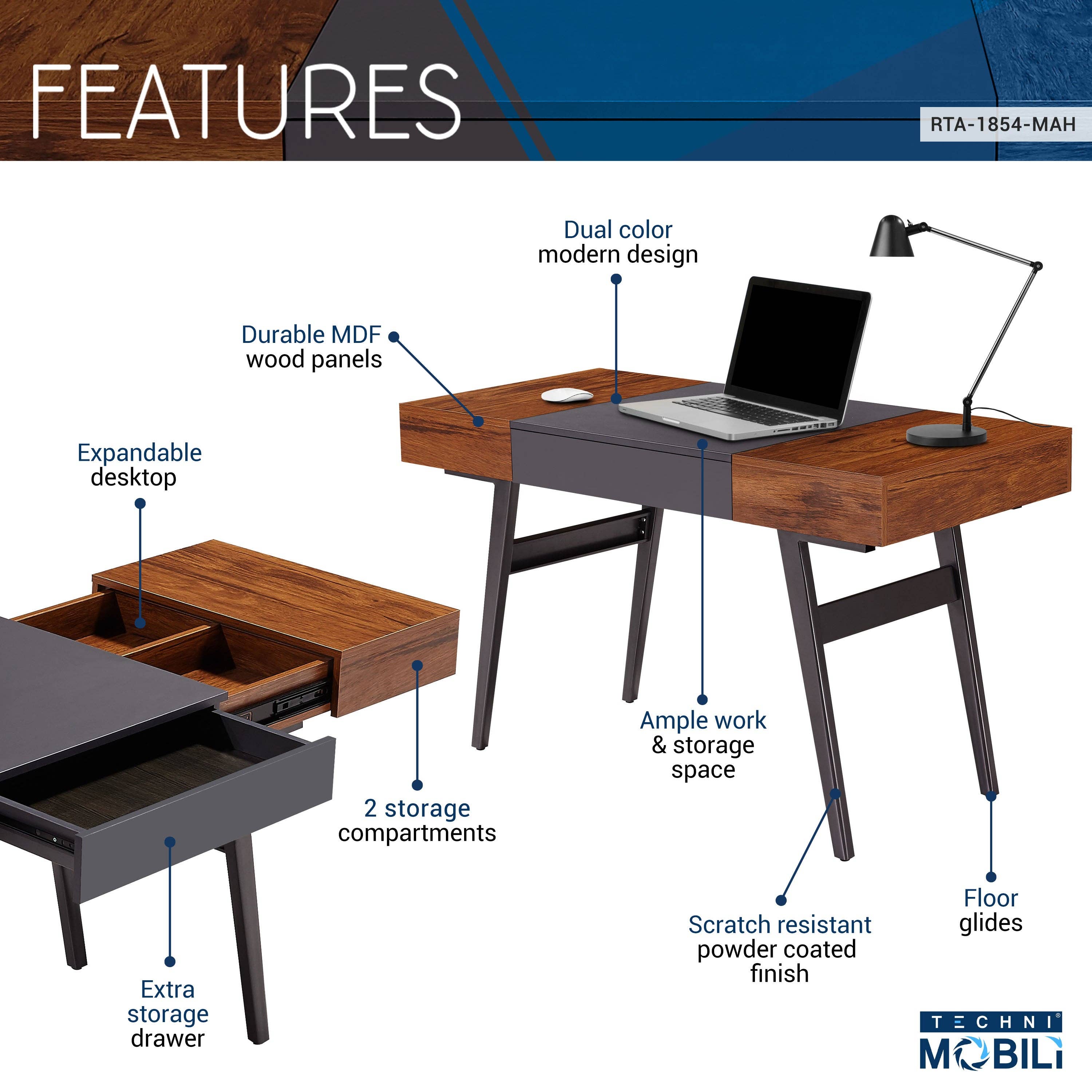 Mahogany Expandable Modern Desk with Storage for wholesale on Faire2