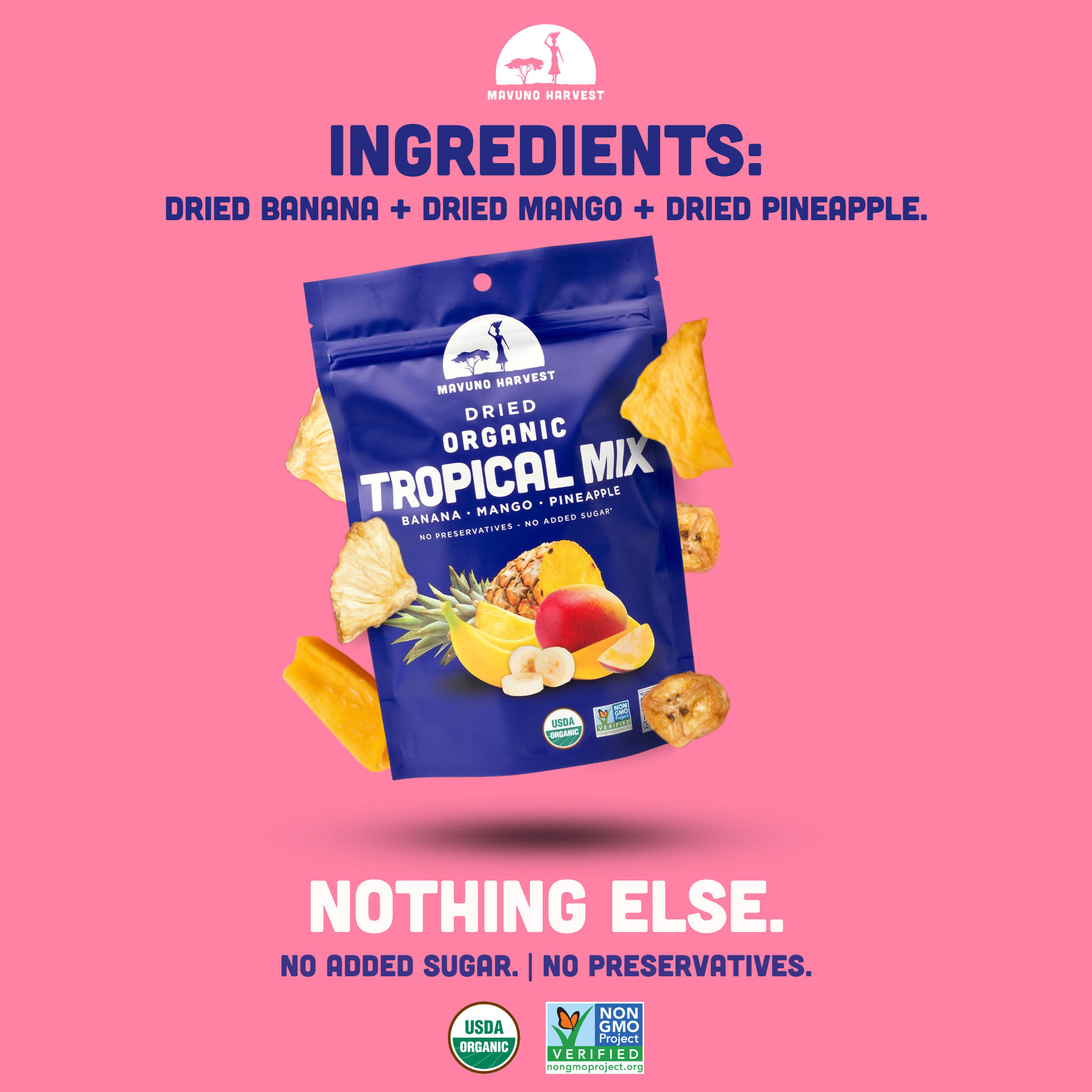 Mavuno Harvest Organics - Wholesale Dried/Dehydrated Fruit - Organic Dried Tropical Mix (Mango, Banana, Pineapple), 6-pack case2