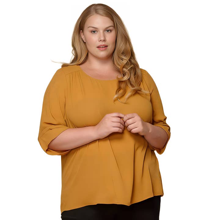 Pleione Plus Size 3/4 Sleeve Multi Layered Cuff Blouse In Solid in Mustard for wholesale by Robin K