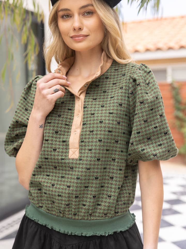 35752 Snap Buttoned Contrast Placket Bow Flannel Top for wholesale by VOY