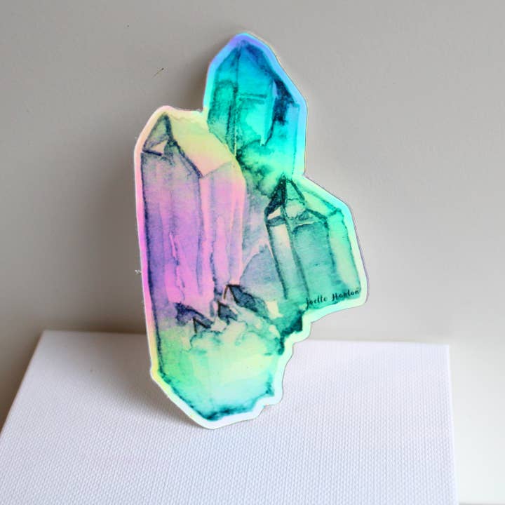 Joelle Hanton Art - Wholesale Sticker - Holographic Vinyl Sticker Turquoise Crystal Watercolor Art