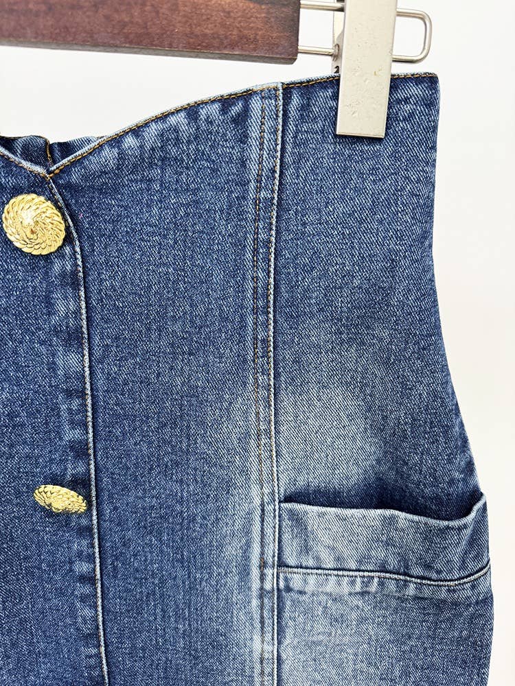 Azul Conjunto elegante de saia e blazer justos de denim para venda a revendedores na Faire12